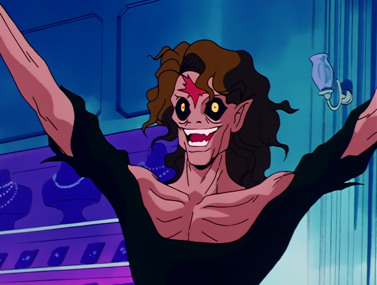 Morga, a Youma from Sailor Moon episode 1. A withered zombie-like figure with brown wavy hair. She has black sclera, yellow irises and a red mark on her forehead, and wears a black dress. Pretty creepy stuff, but she does look genuinely happy to be here.